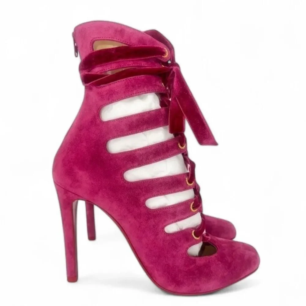 NEW CHRISTIAN LOUBOUTIN Spinetita Loulou Pink Lace-Up Booties Size EU36.5